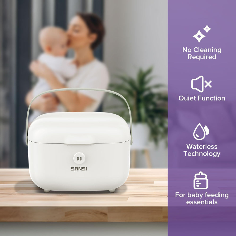 SANSI UV Light Sanitizer Box showing baby bottles inside for capacity demonstration.