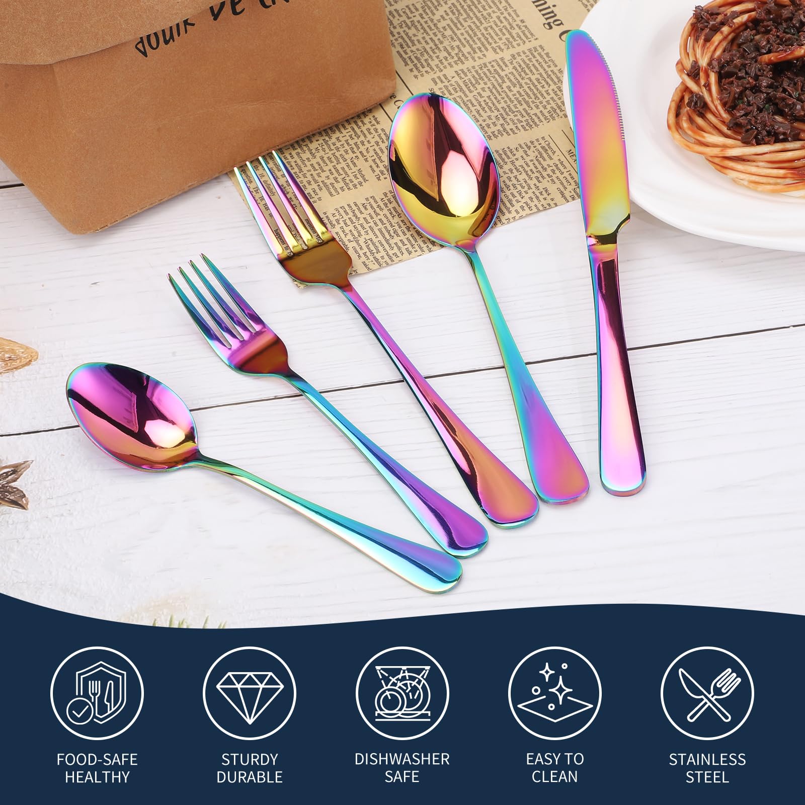 Sanyannis Rainbow flatware close-up shows mirror polish and scratch resistance