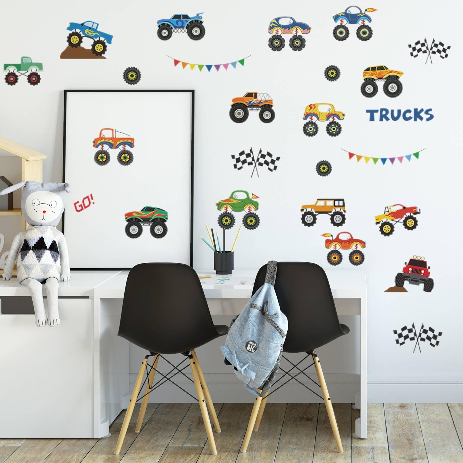 Saomour Monster Truck Stickers application-wall shows versatile surfaces like doors