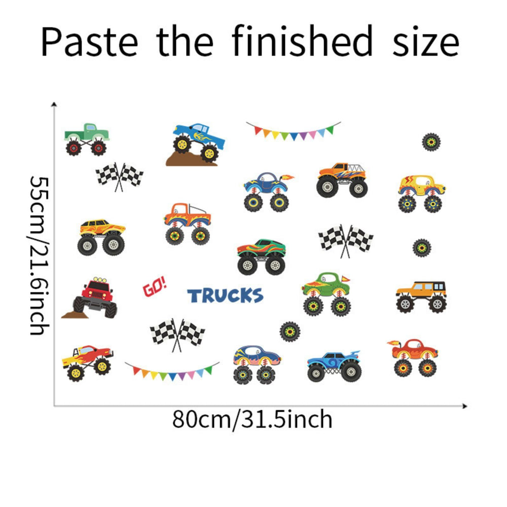 Saomour Monster Truck Stickers in room demonstrate quick, mess-free wall transformation