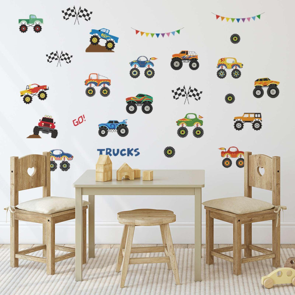 Saomour Monster Truck Stickers pack view highlights vibrant, kid-friendly wall decor