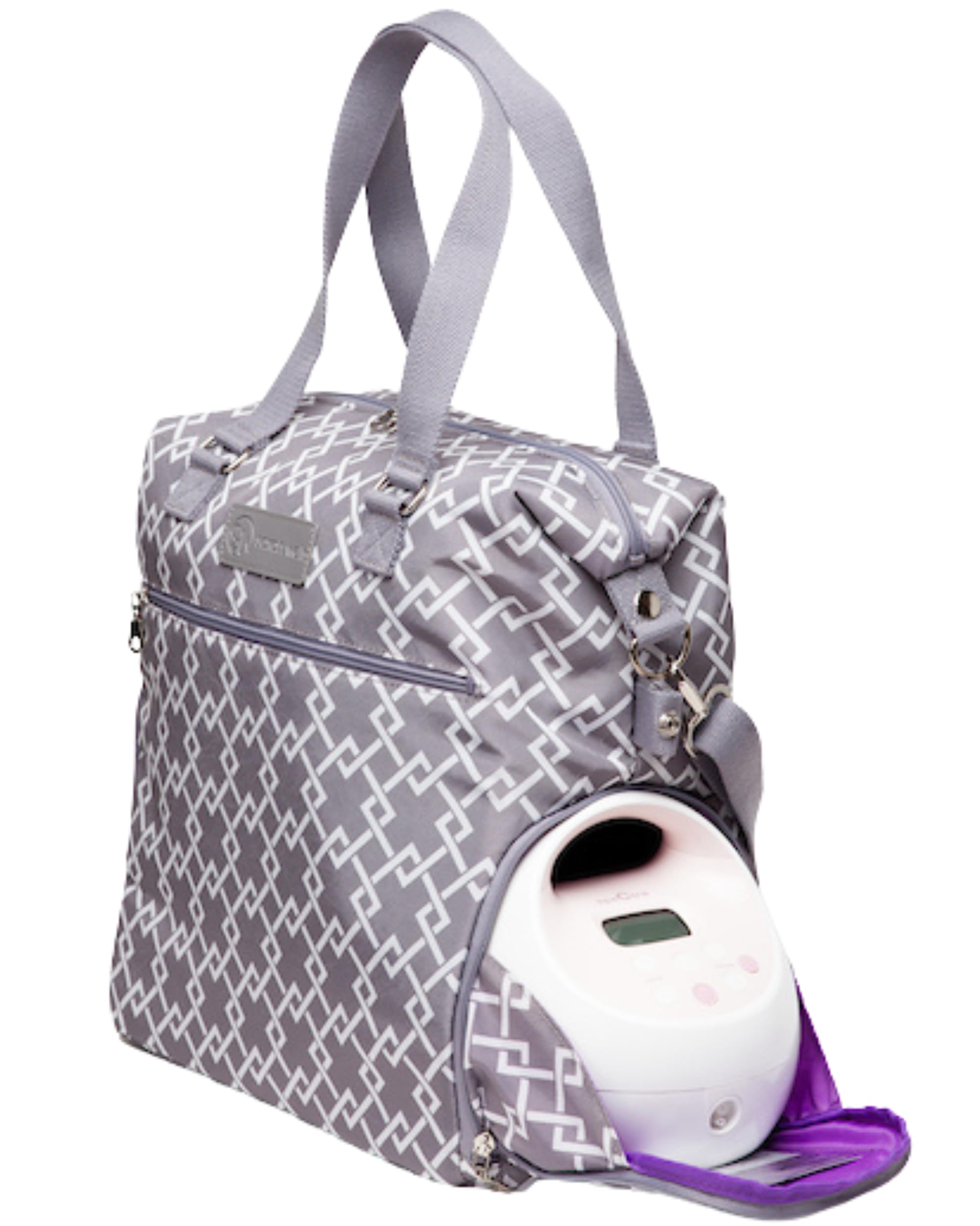 Sarah Wells Lizzy bag front view shows organized interior for on-the-go pumping.