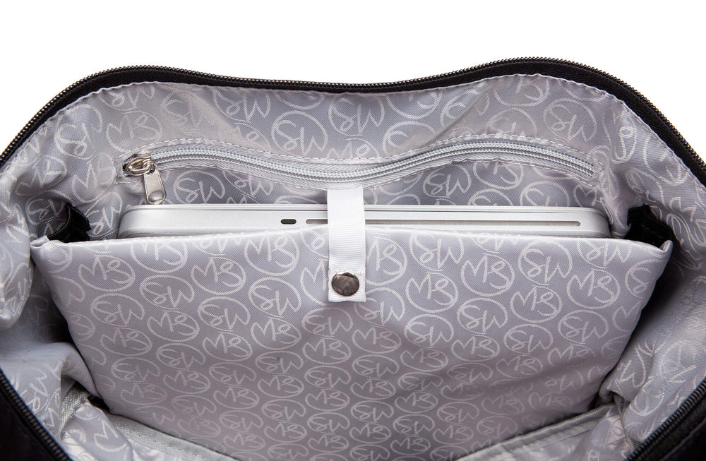 Spacious side compartment fits portable pumps for quick access.