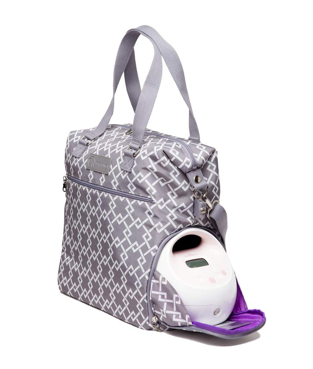 Sarah Wells Lizzy spacious side compartment fits pumps and daily essentials.