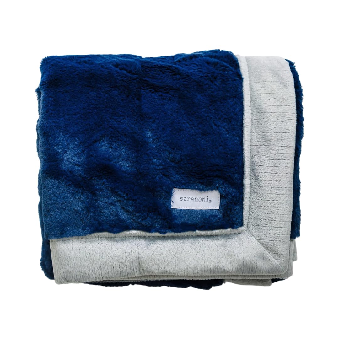 SARANONI navy-gray receiving blanket folded, ideal for gifting and everyday snuggle moments.