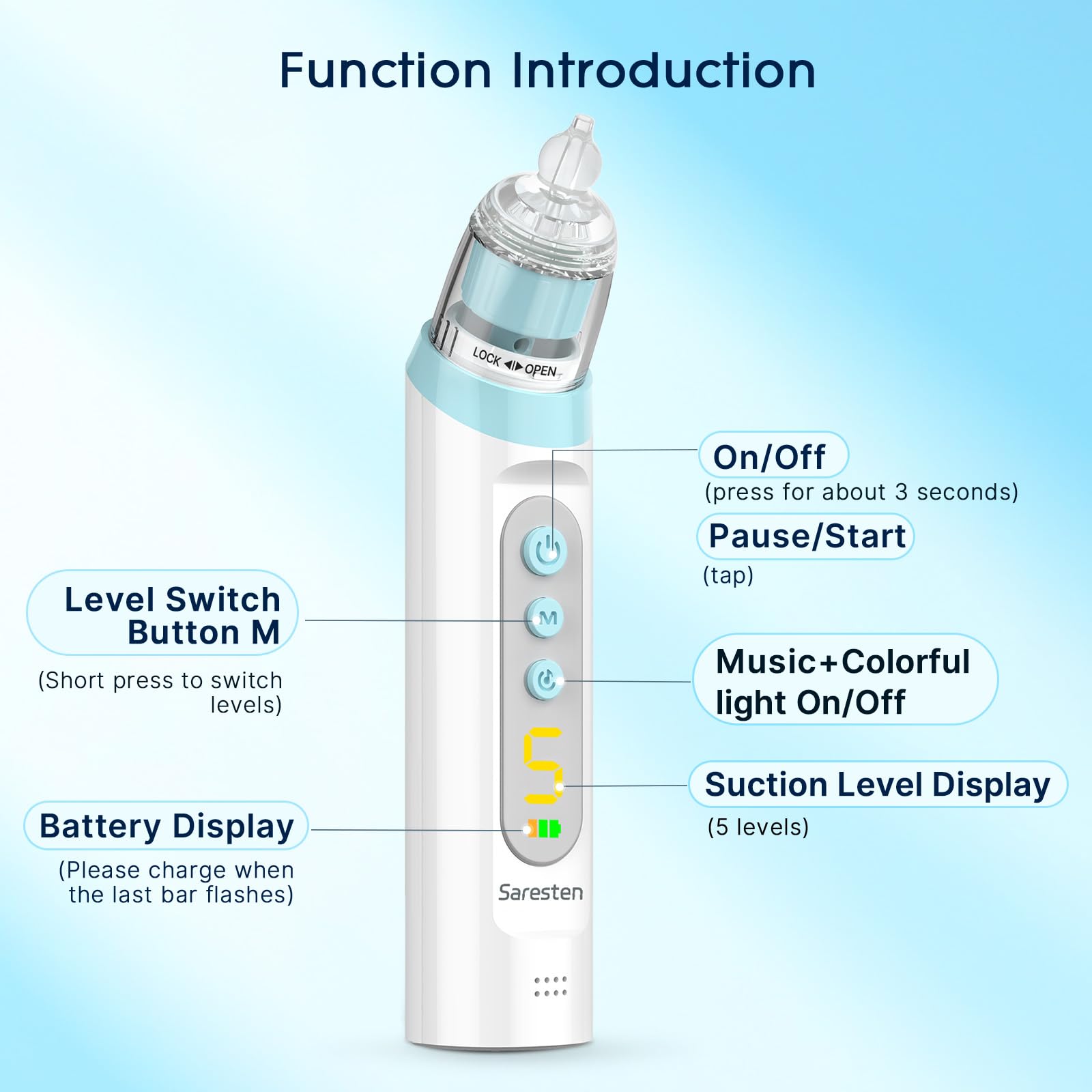 Saresten nasal aspirator baby simple 3-button operation for quick use.