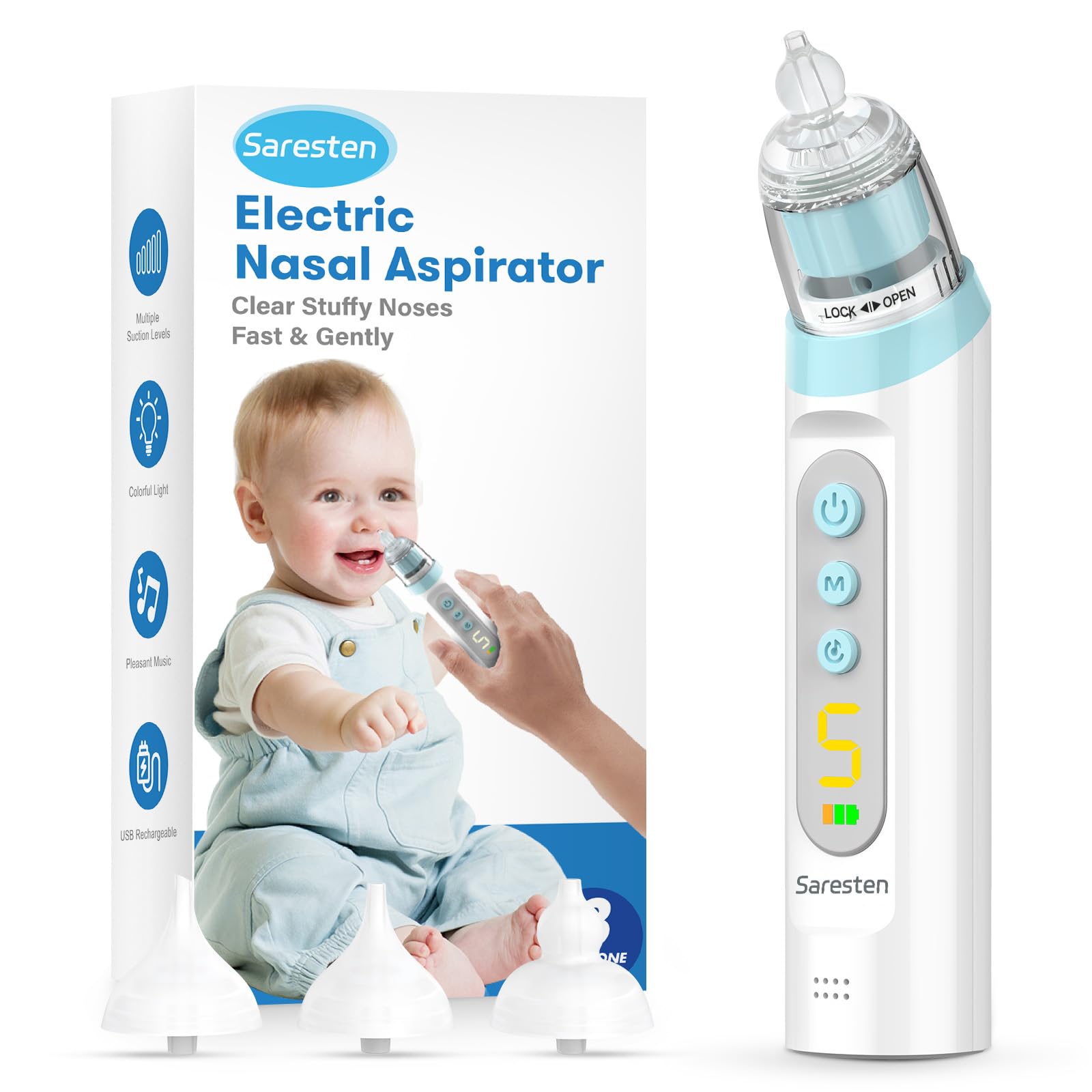 Saresten nasal aspirator baby front view showing compact, travel-ready design.