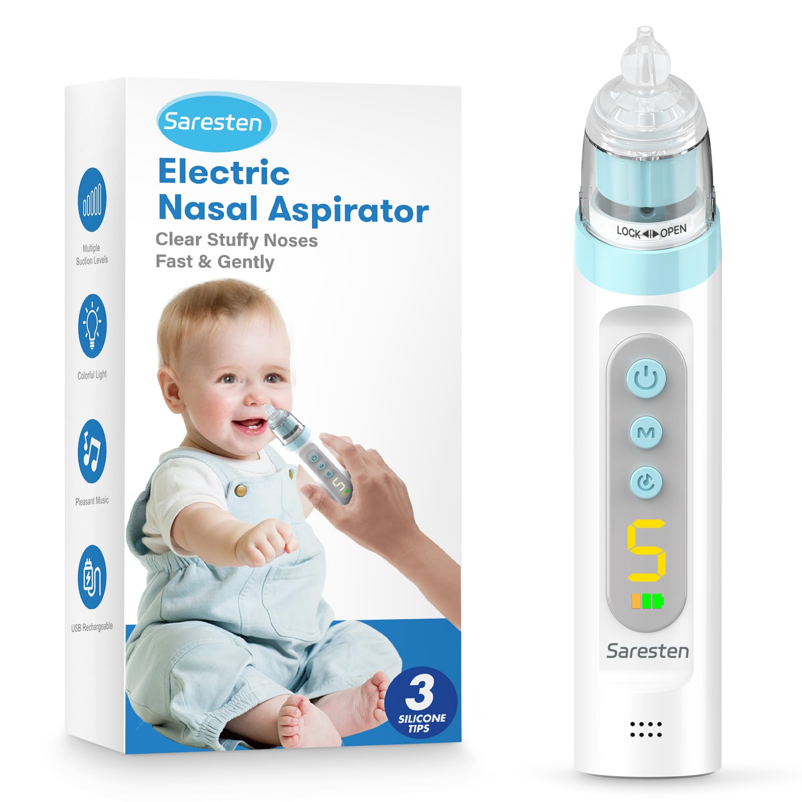 Saresten nasal aspirator baby in-use during bedtime routines for gentle relief.