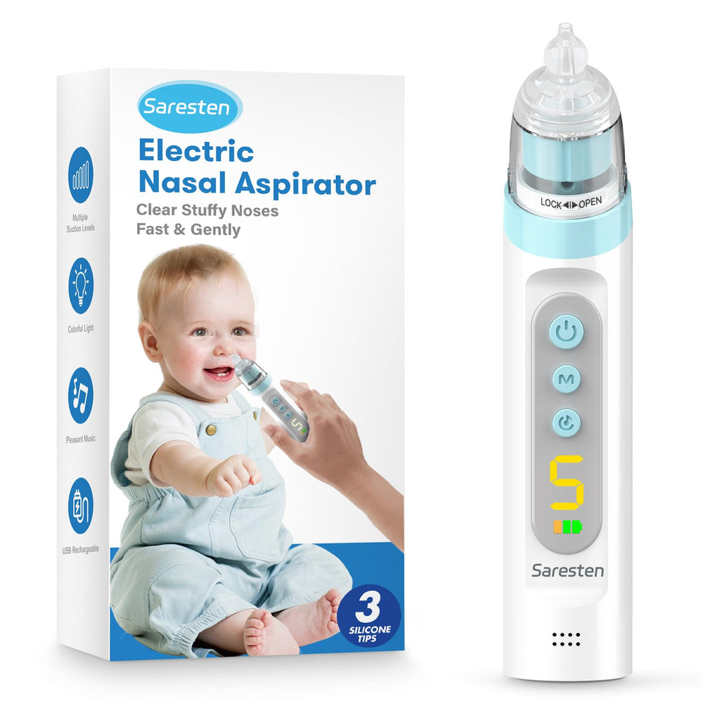 Saresten nasal aspirator baby in-use during bedtime routines for gentle relief.