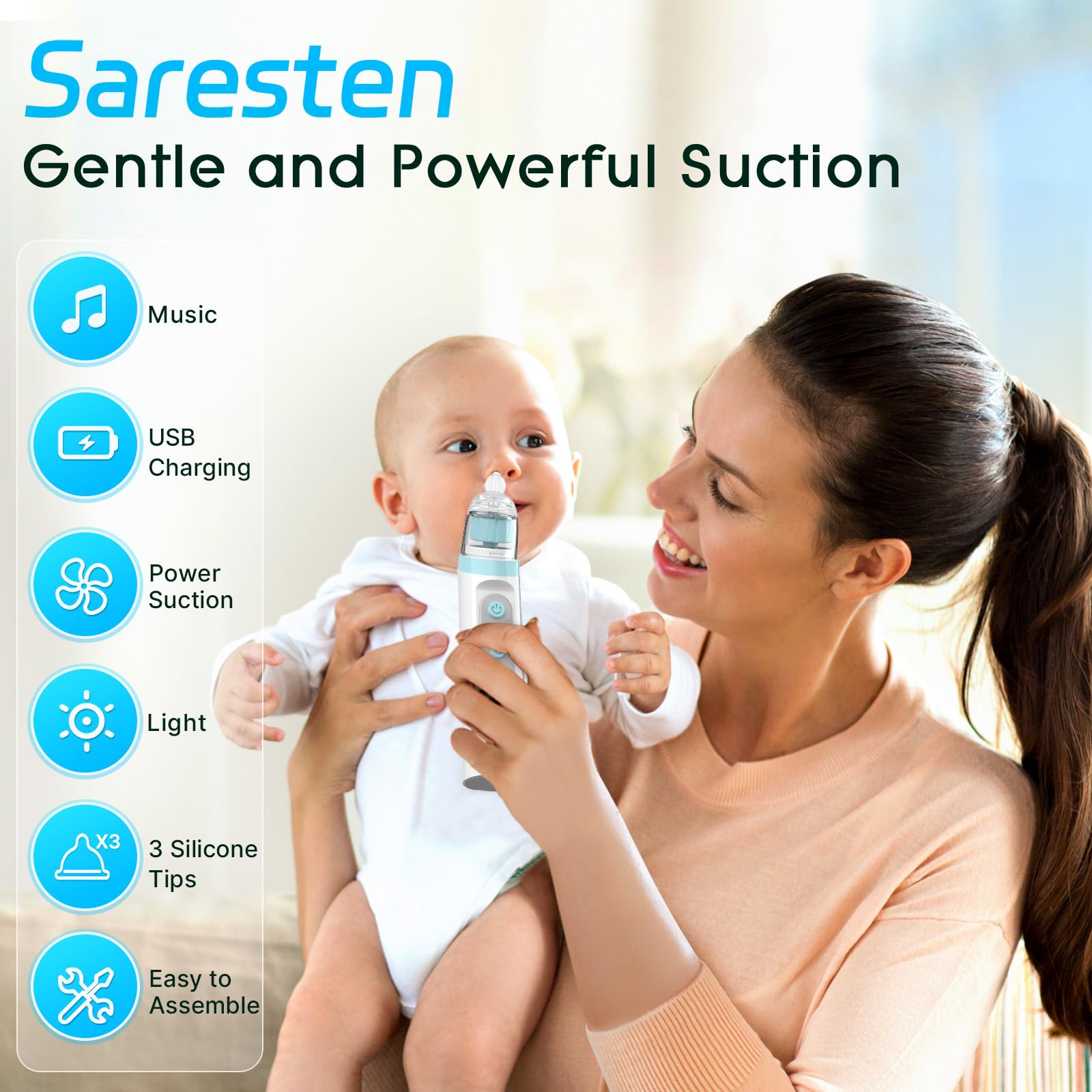 Saresten nasal aspirator baby silicone tips demonstrate gentle contact for sensitive noses across ages.