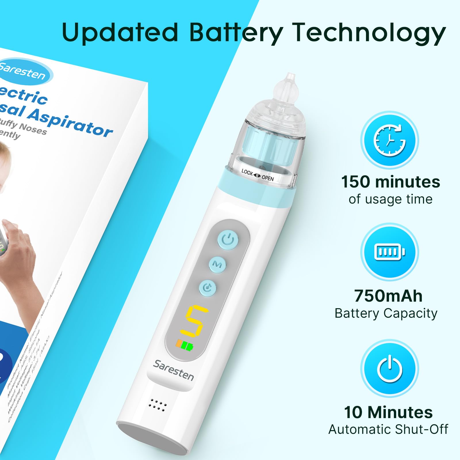 Saresten nasal aspirator baby adjustable suction levels up to 75KPa for personalized clearing.