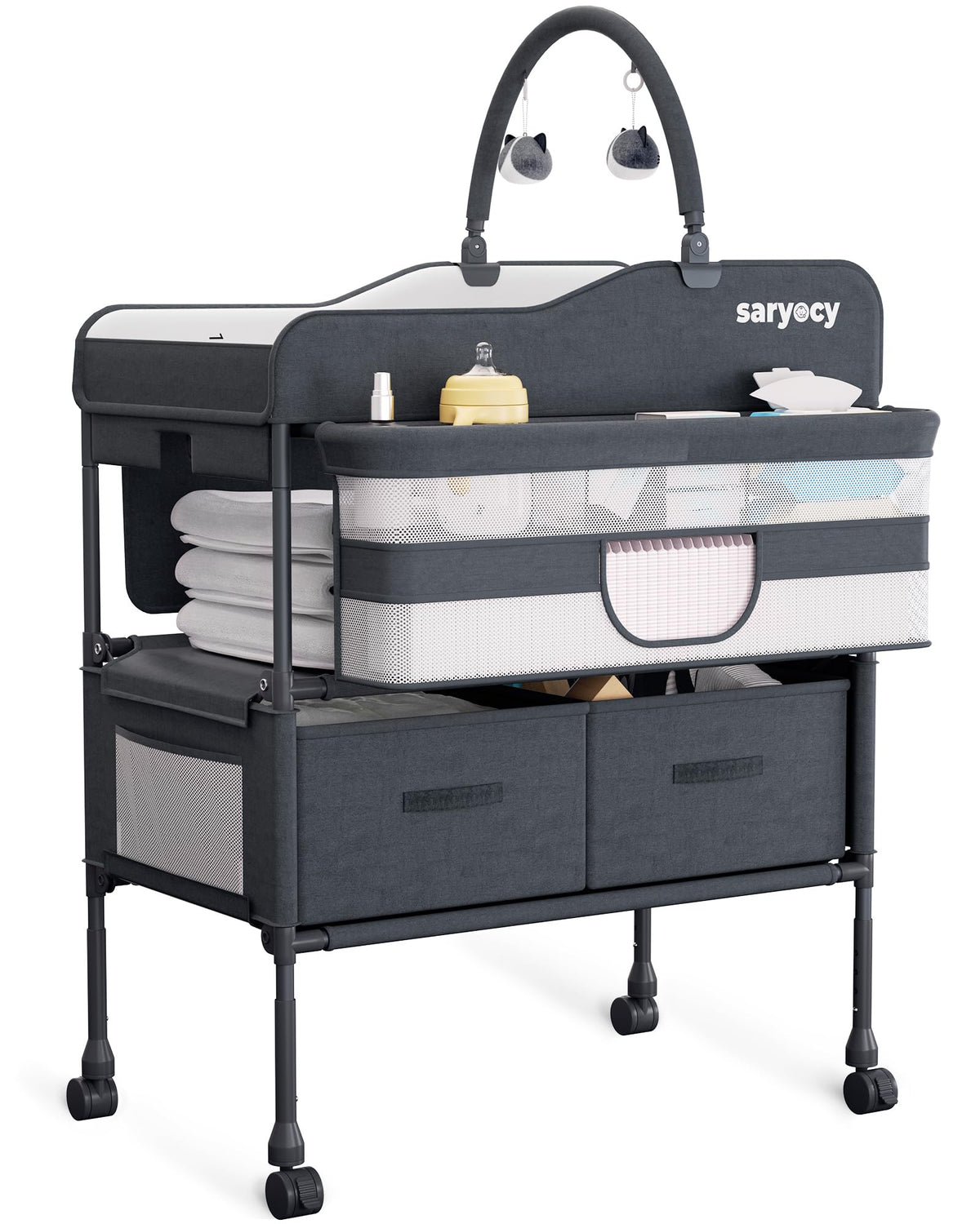Saryocy changing table assembly shows sturdy frame and waterproof surface