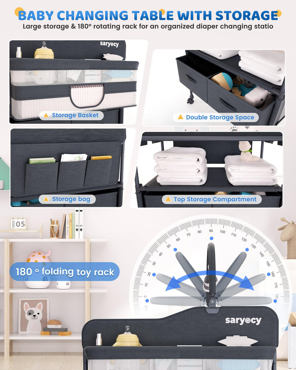 Saryocy storage drawers and mesh basket keep diapers and wipes organized