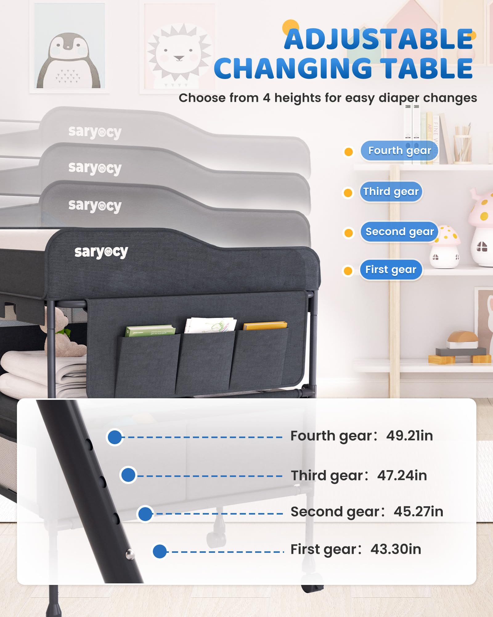 Saryocy changing table with removable wheels enables easy room-to-room mobility