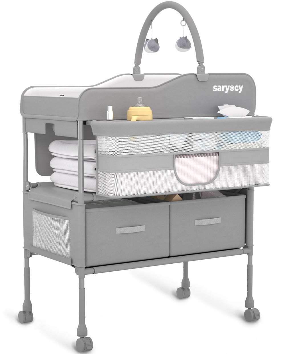 Saryocy changing table frame highlights a sturdy metal frame for stable diaper changes.
