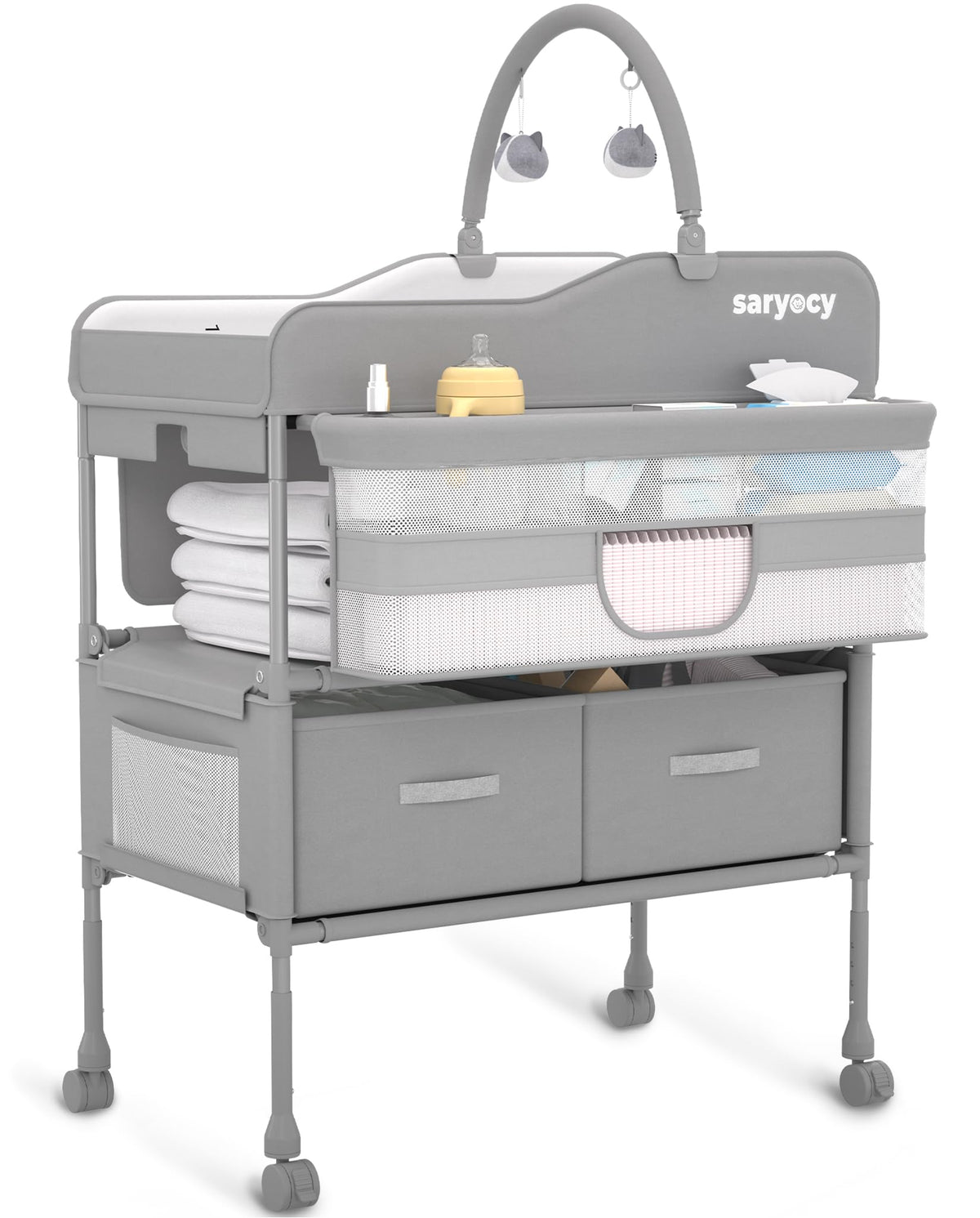 Saryocy changing table frame highlights a sturdy metal frame for stable diaper changes.