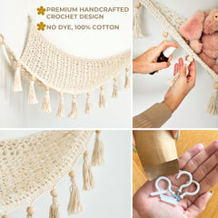 Sasa Baby macrame fringe detail hanging net with wood accents enhances nursery decor and boho charm