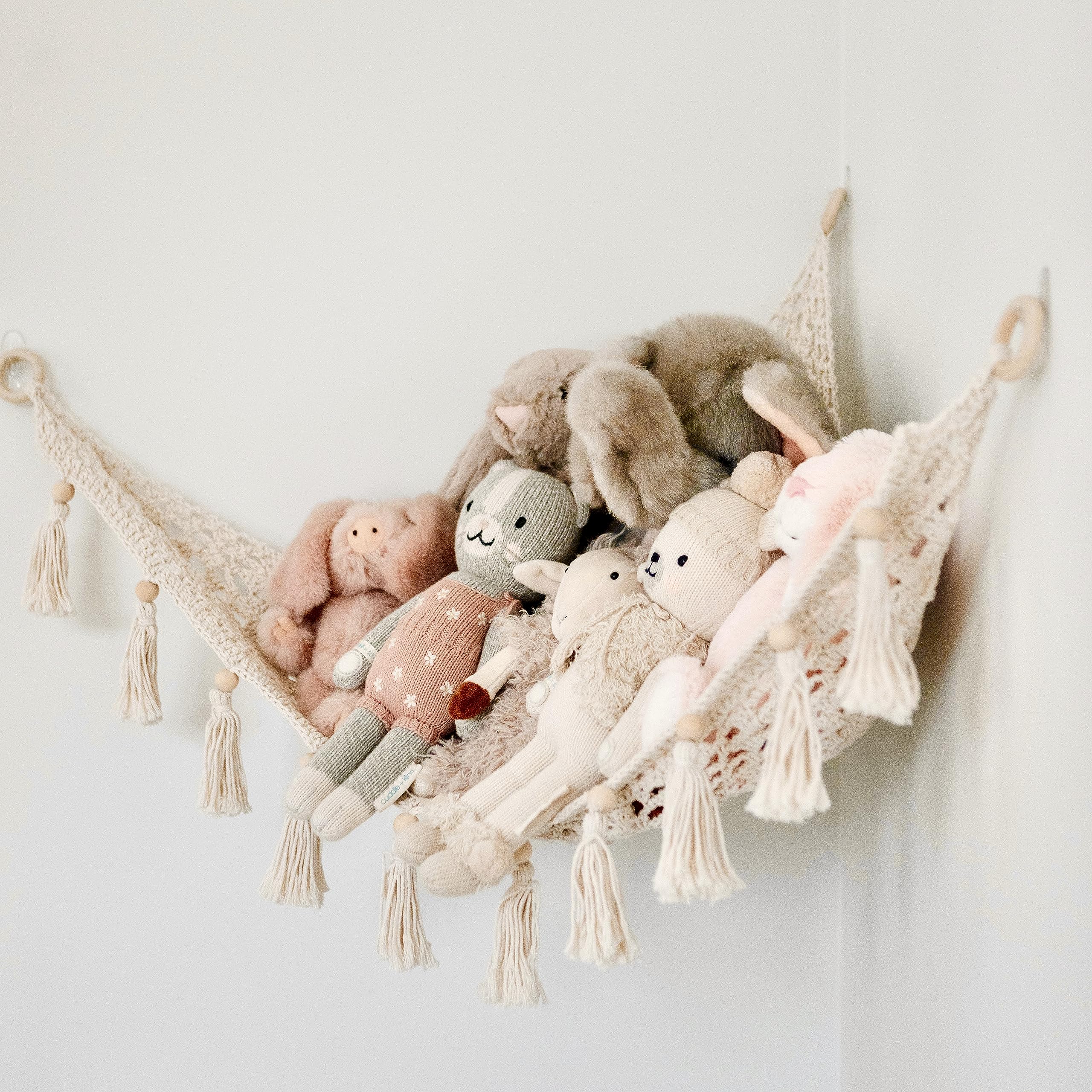 Sasa Baby macrame hanging net for stuffed toys in buttercream keeps plushes organized and floors clear