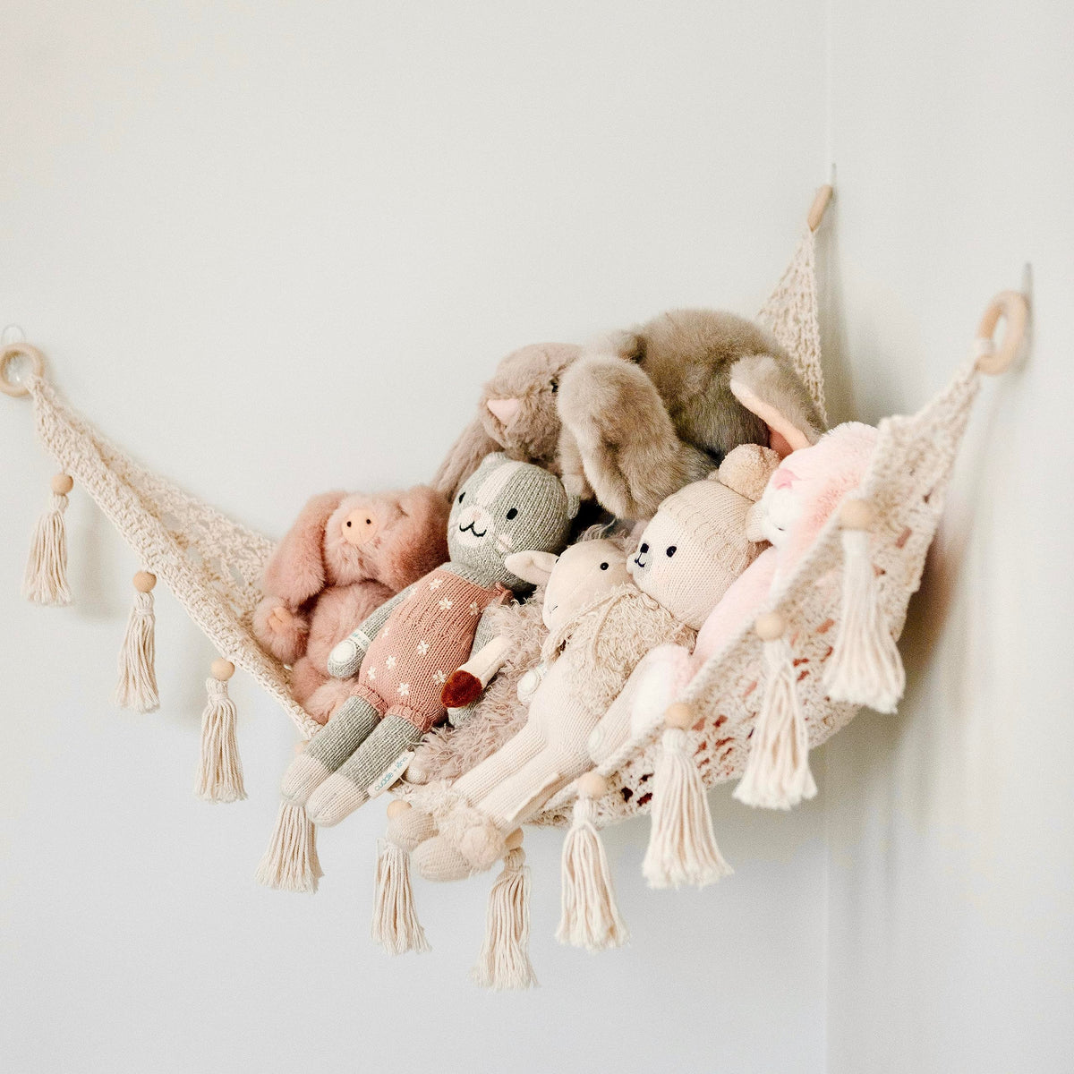 Sasa Baby macrame hanging net for stuffed toys in buttercream keeps plushes organized and floors clear