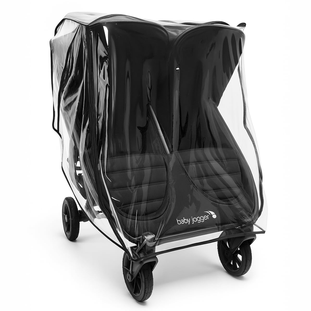 SASHA'S Double Rain and Wind Cover on Baby Jogger Mini GT2 keeps kids dry while maintaining visibility.