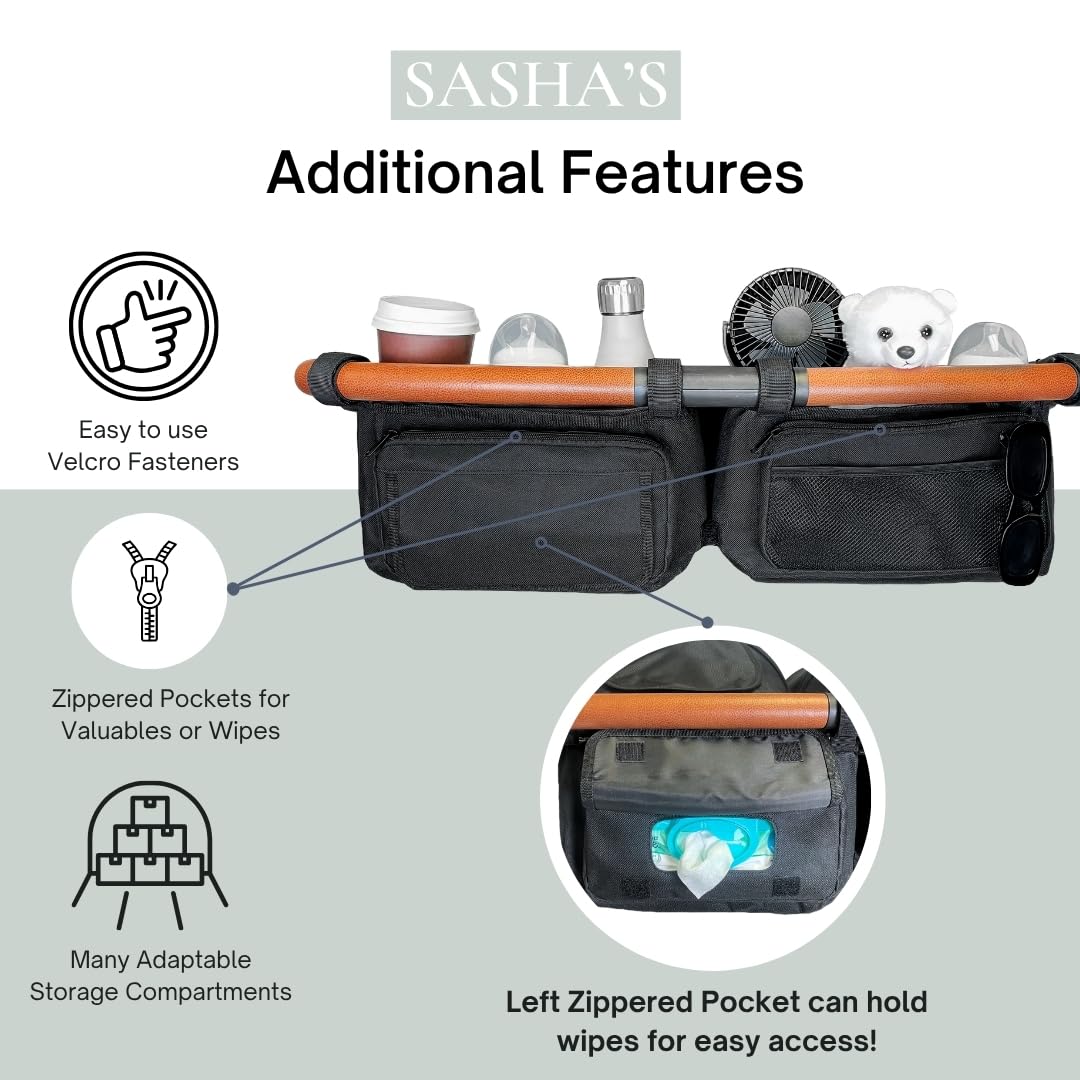 Sasha's double stroller organizer installs easily with adjustable straps.