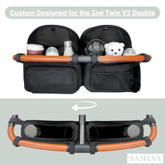 Sasha's double stroller organizer shows insulated cup holders for drinks on the go.
