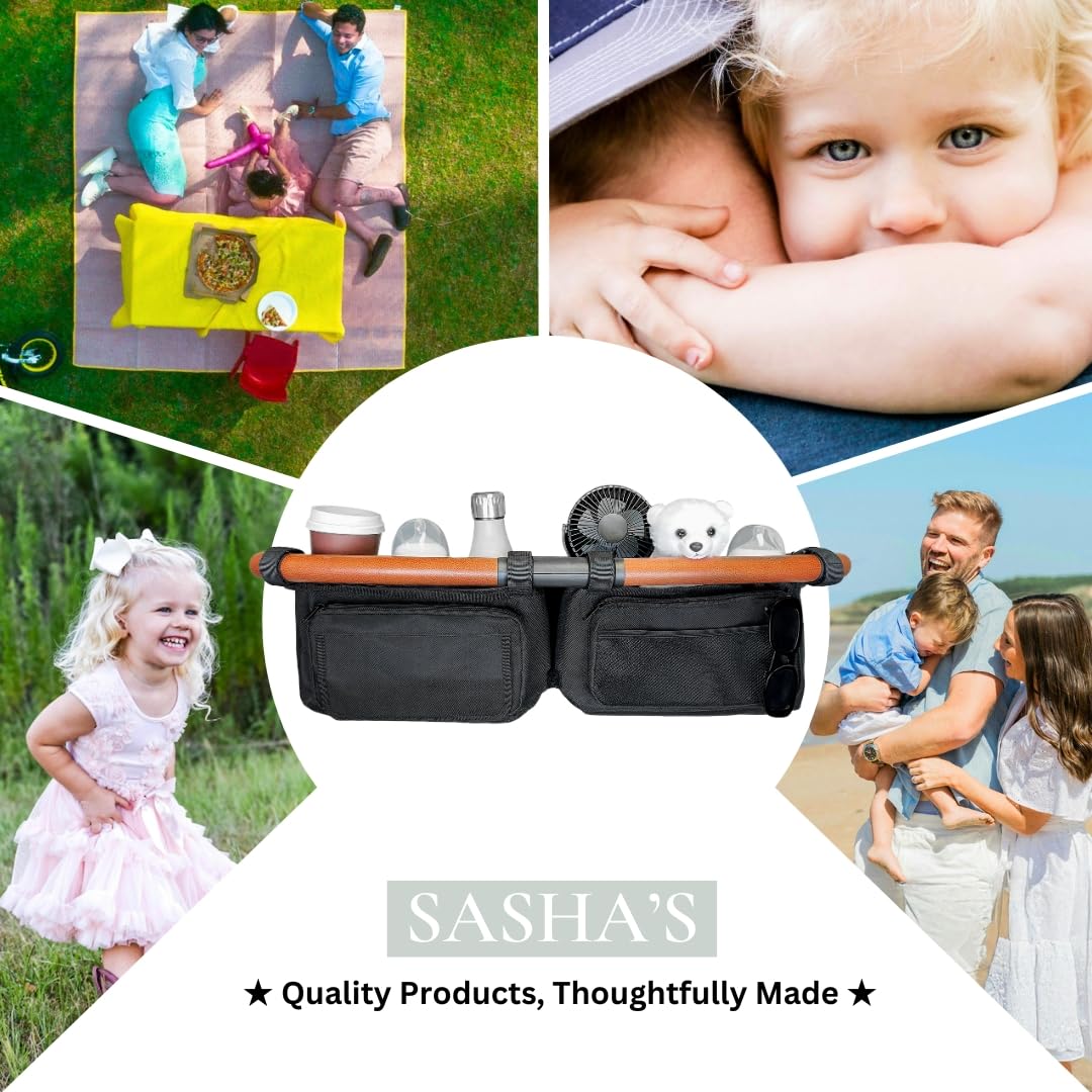 Sasha's double stroller organizer includes a mesh pocket for quick access.