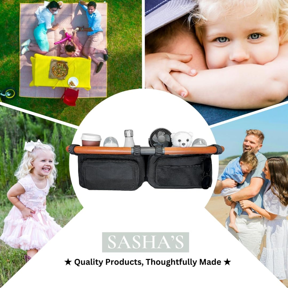 Sasha's double stroller organizer includes a mesh pocket for quick access.