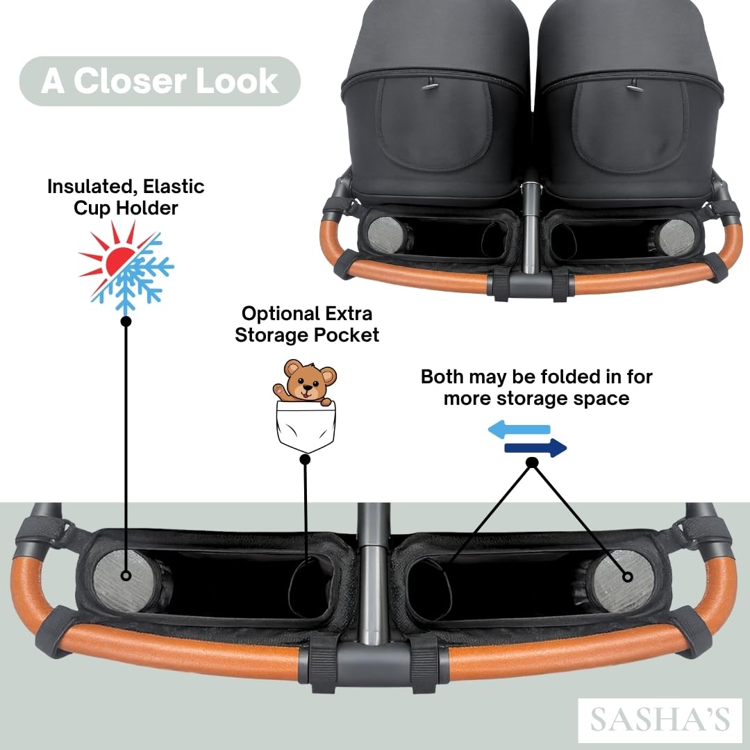 Sasha's double stroller organizer uses reinforced structure for daily durability.