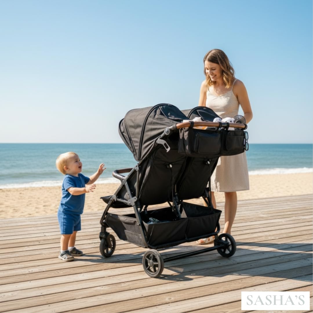 Sasha's double stroller organizer offers ample main compartment storage.