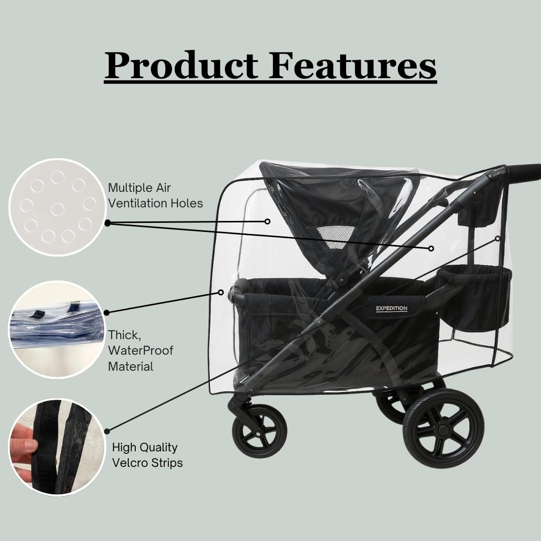 SASHA'S Rain Cover for Baby Trend Expedition, back view, preserves visibility while sheltering.