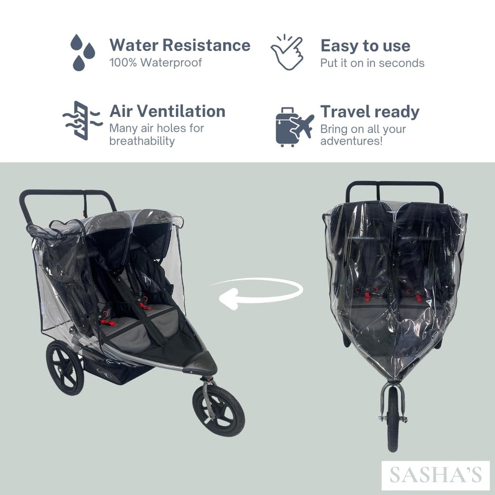 SASHA'S rain cover provides maximum coverage to shield gear and riders.