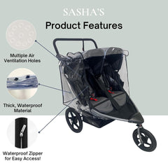 SASHA'S rain cover includes side air vents to keep airflow comfortable.
