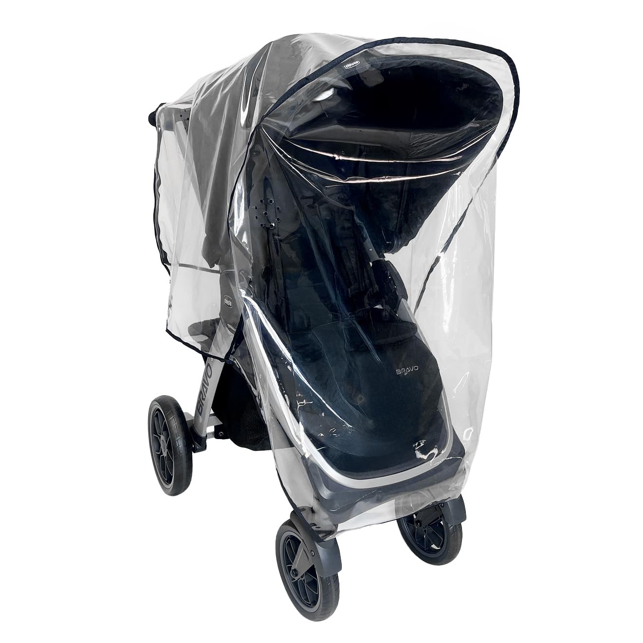 SASHA'S rain cover for Chicco Bravo Trio provides full coverage with clear visibility.