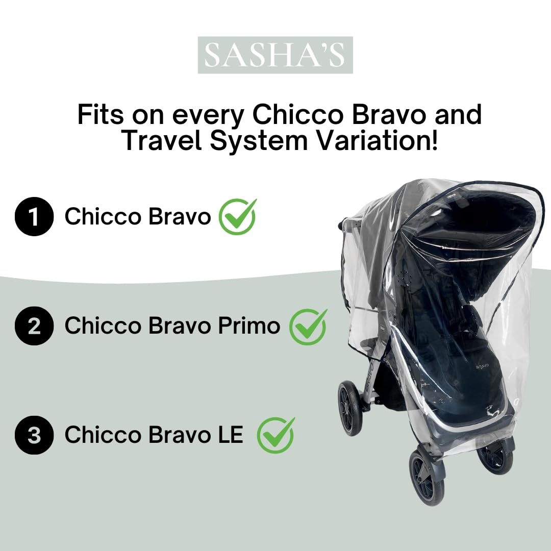 SASHA'S rain cover for Chicco Bravo Trio keeps supervision easy with see-through material.