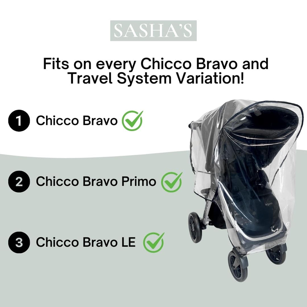 SASHA'S rain cover for Chicco Bravo Trio keeps supervision easy with see-through material.