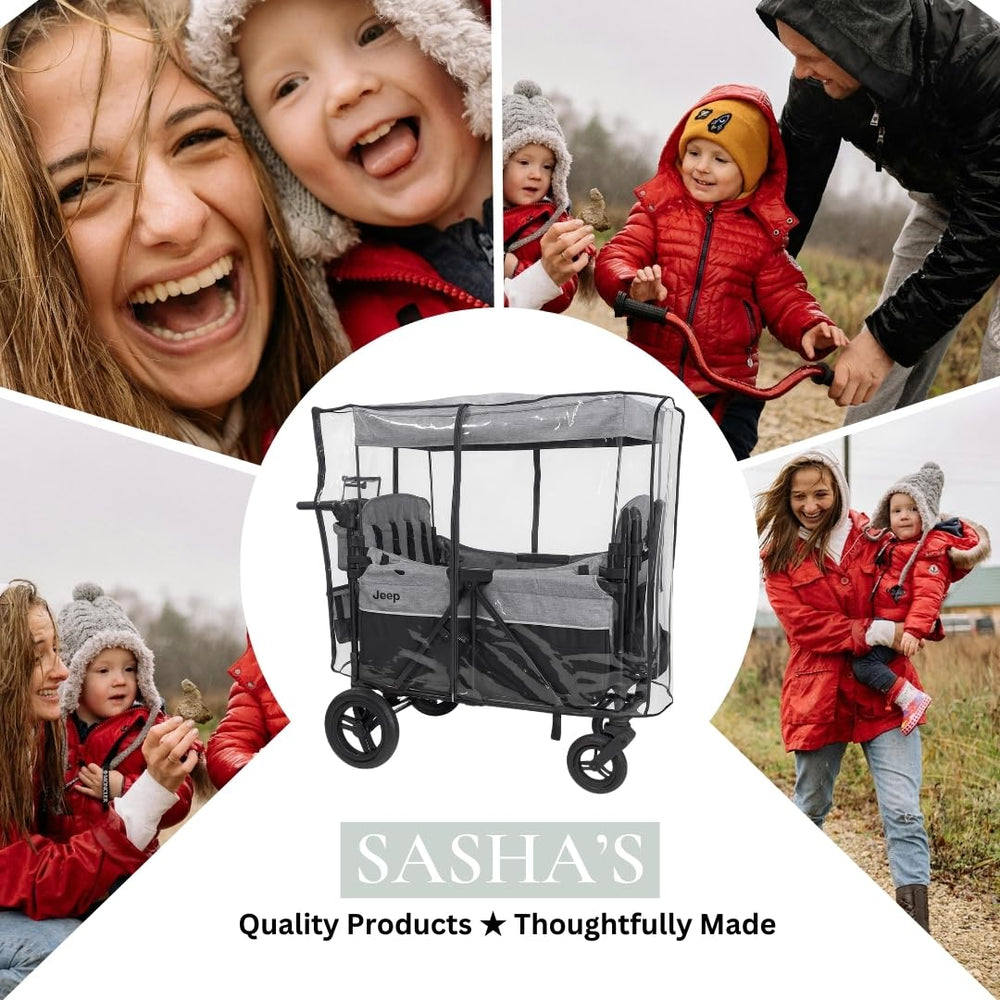 SASHA'S rain cover is lightweight and foldable for easy on-the-go storage.