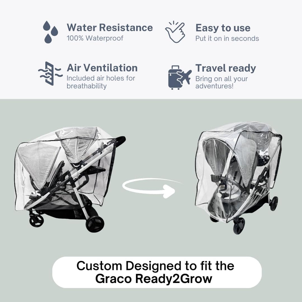 Sasha's Rain Cover clear view lets you monitor children in weather.