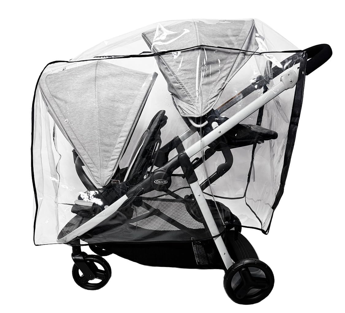 Sasha's Rain Cover for Graco Ready2Grow LX 2.0 doubles stroller, fully covers in rain.