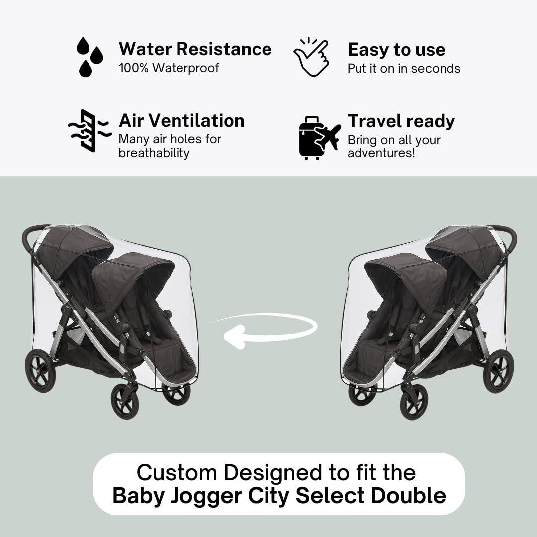 SASHA'S rain cover shown in a rainy-day stroller scene.