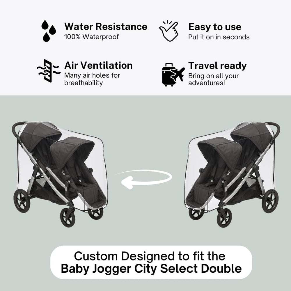 SASHA'S rain cover shown in a rainy-day stroller scene.