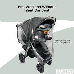 SASHA'S rain cover's travel-friendly design adapts to different configurations on the go.
