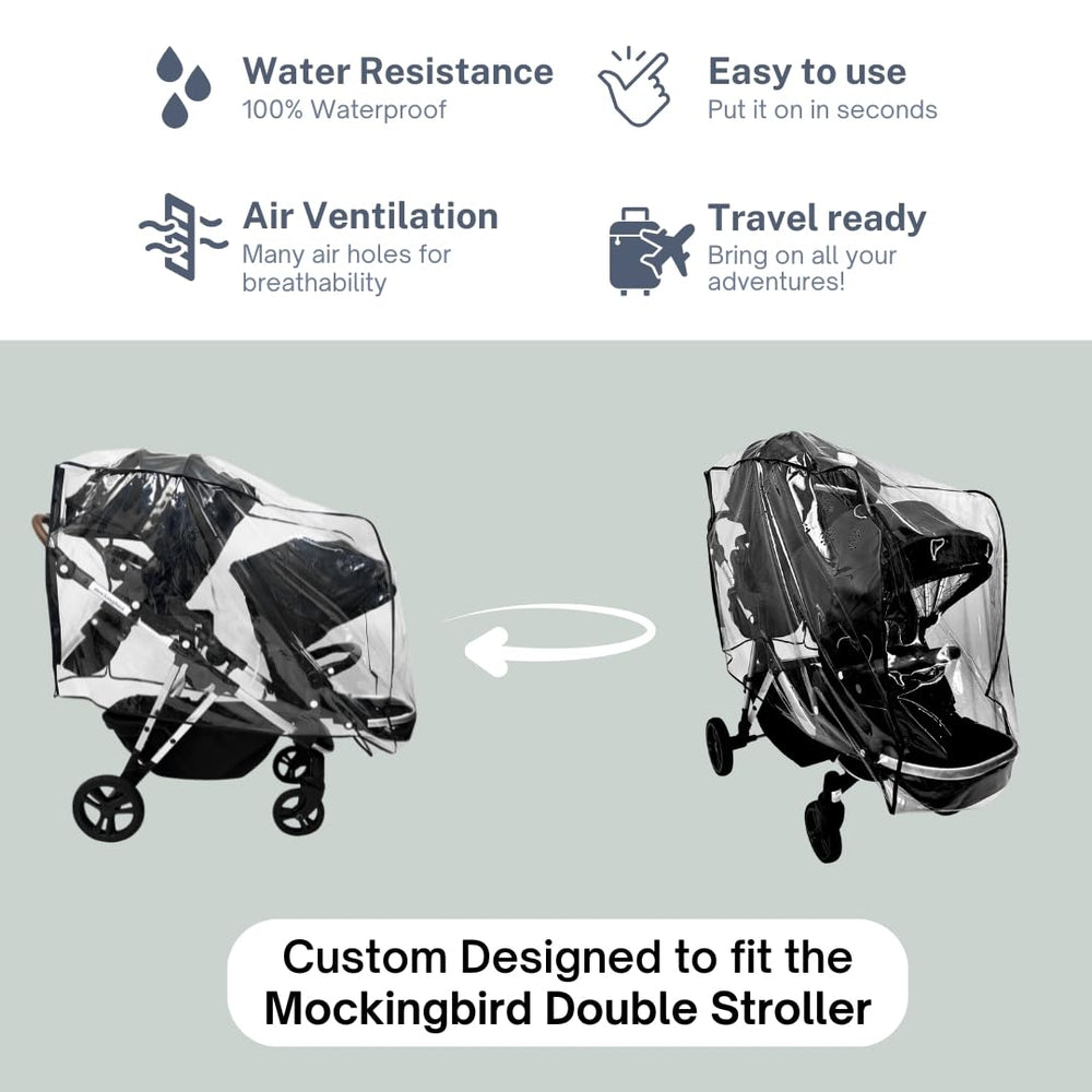 SASHA'S rain cover ventilation holes enable airflow and comfort in windy weather.
