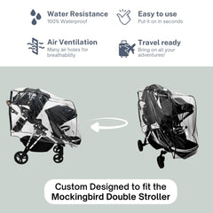 SASHA'S rain cover ventilation holes enable airflow and comfort in windy weather.