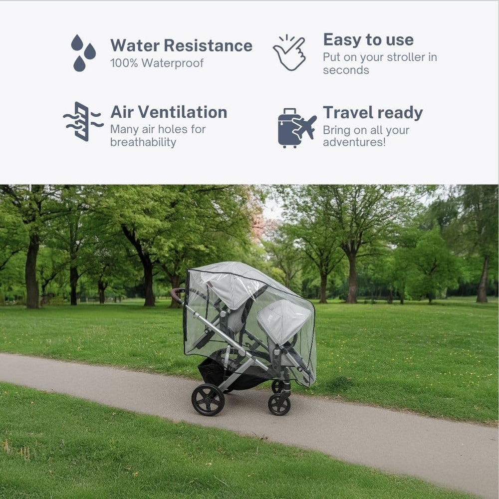SASHA'S Vista Double rain cover with transparent panel enabling clear child monitoring.