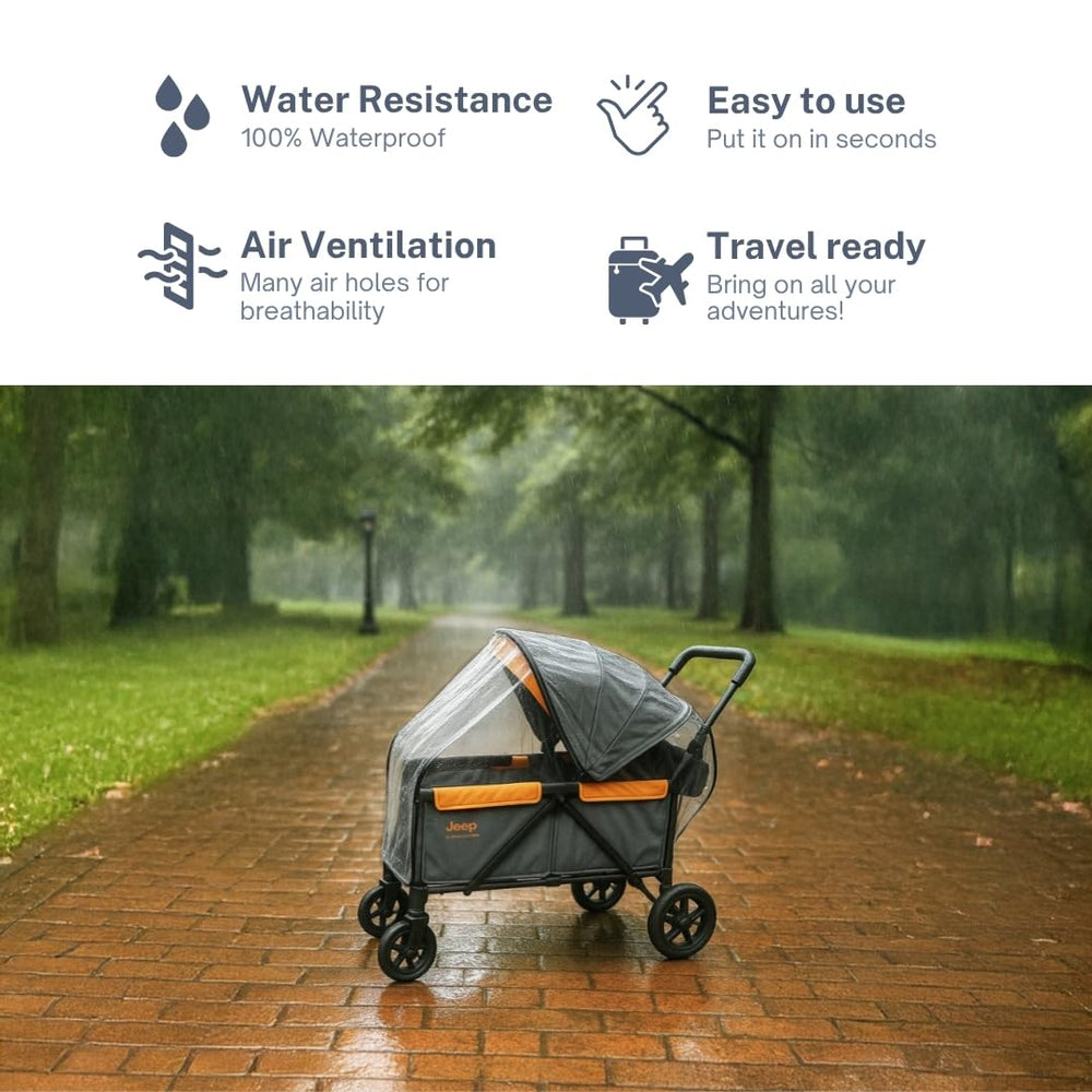 Full-coverage SASHA'S rain and wind cover protecting the stroller from rain and debris.
