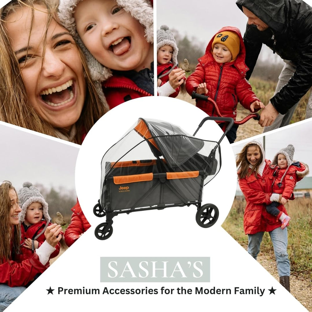 Made-in-USA SASHA'S rain and wind cover label indicating quality fabrication.