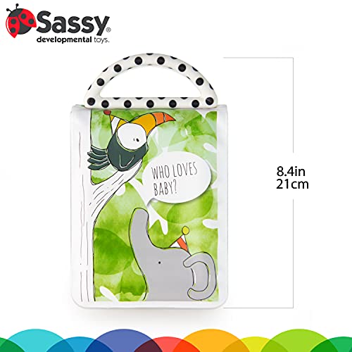 Sassy Developmental Look Book textured handle enhances grasping and teething exploration.