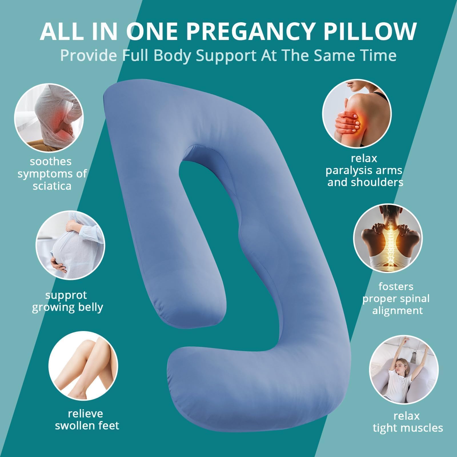 Sasttie blue pregnancy pillow in bed ready for sleep