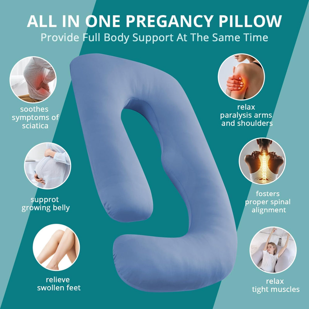 Sasttie blue pregnancy pillow in bed ready for sleep